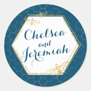 Honey Bee Teal Gold Custom Name Sticker Wedding