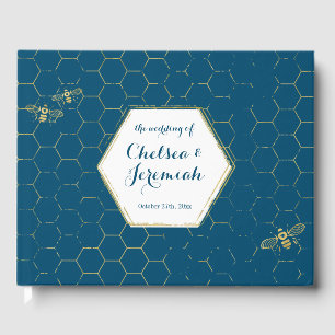 Honey Bee Teal Gold Pattern Custom Wedding Guest Book