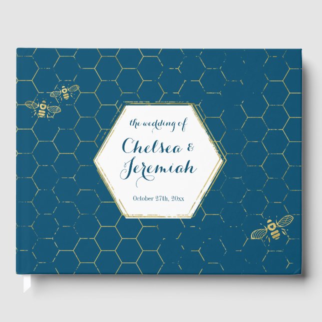 Honey Bee Teal Gold Pattern Custom Wedding Guest Book (Front)