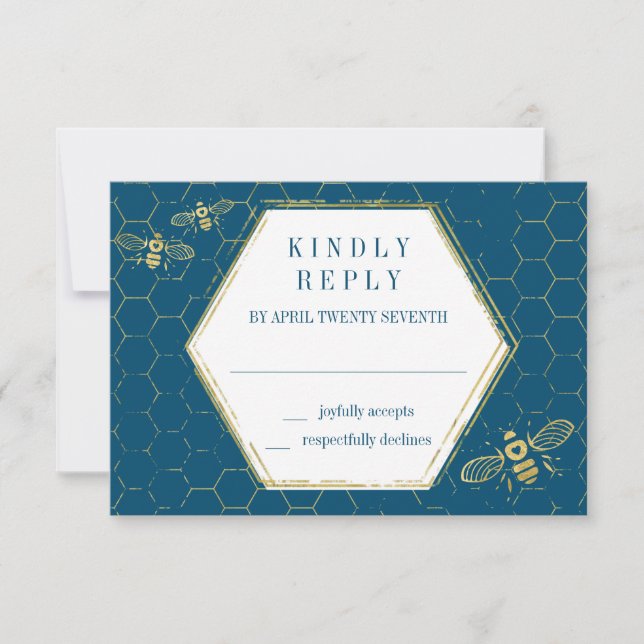 Honey Bee Teal Gold Pattern RSVP Card (Front)