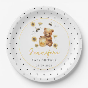 Honey bee teddy bear polka dots baby boy shower paper plate