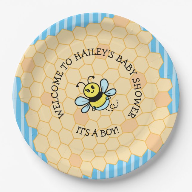 Honey Bee Themed Boy's Baby Shower Paper Plate (Front)