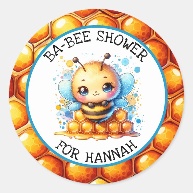 Honey bee themed Boy's Baby Shower Personalised Classic Round Sticker (Front)