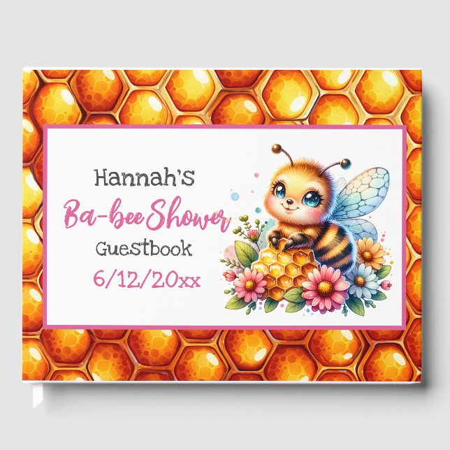 Honey bee themed Girl's Baby Shower Welcome Guest Book (Front)