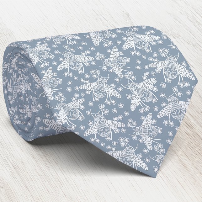Honey Bee Tie (Honey bee blue and white neck tie for beekeepers and nature lovers)