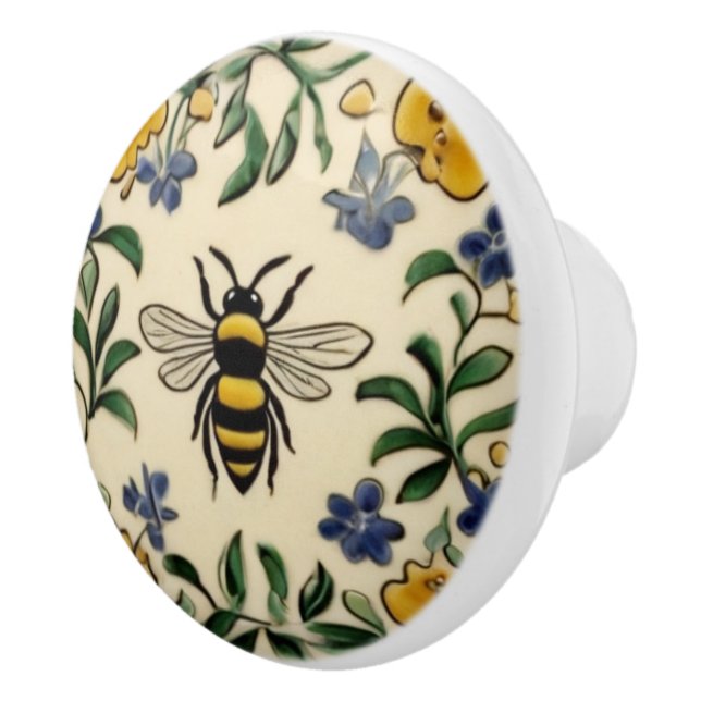 Honey Bee Traditional Blue Yellow Mediterranean Ceramic Knob (Right)