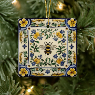 Honey Bee Traditional Blue Yellow Mediterranean Ceramic Ornament