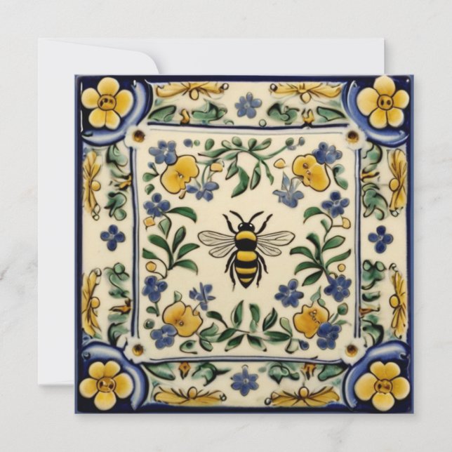 Honey Bee Traditional Blue Yellow Mediterranean Thank You Card (Front)