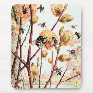 Honey bee vintage illustration teal pink yellow  mouse mat