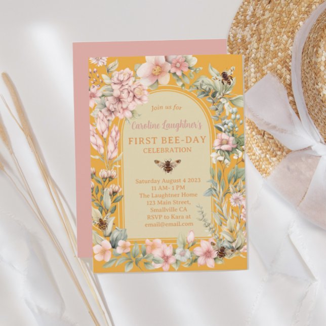 Honey Bee Watercolor Wildflower First Bee-Day Invitation (Creator Uploaded)