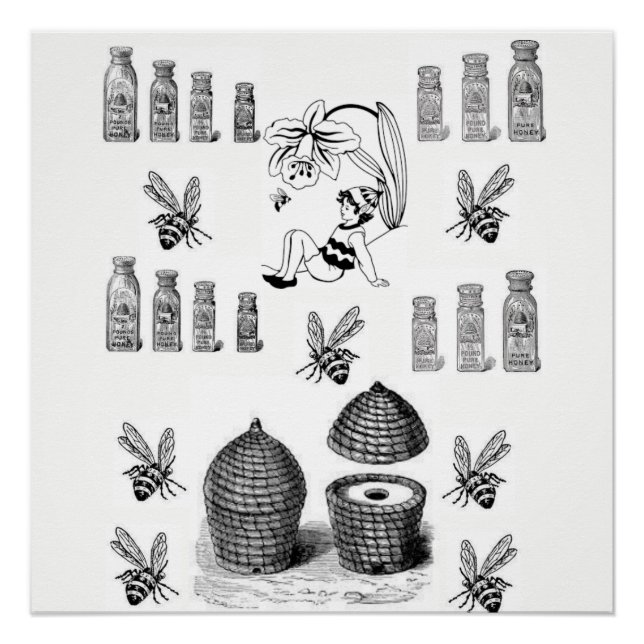 honey bee white black poster (Front)