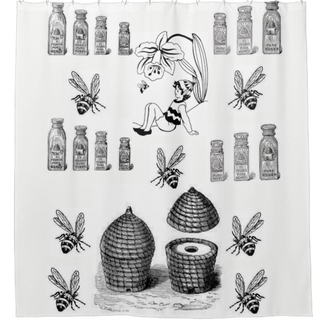 Honey bee white black showercurtain shower curtain (Front)