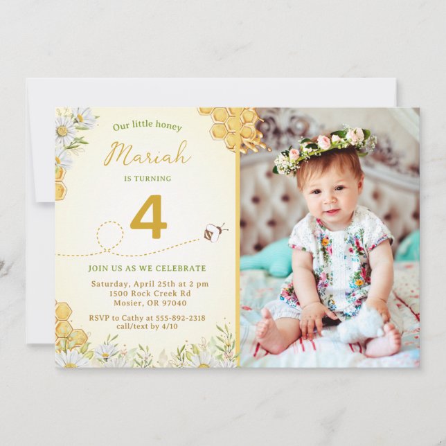 Honey Bee Wildflower Girl Birthday Party Photo Invitation (Front)