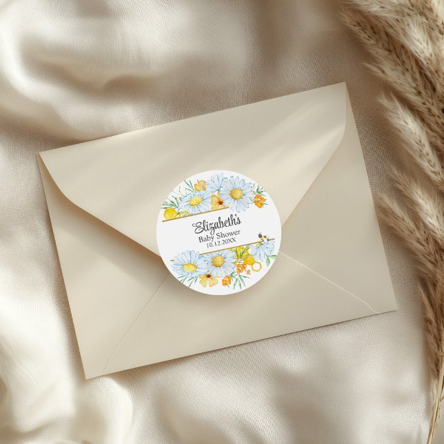 Honey Bee Wildflowers Baby Shower  Classic Round Sticker (Honey Bee Wildflowers Baby Shower Classic Round Sticker on an elegant envelope.)