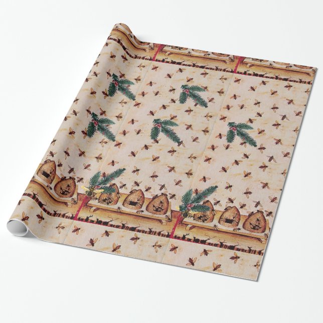 HONEY BEE WITH PINE CONES BEEKEEPER SUPPLIES WRAPPING PAPER (Unrolled)