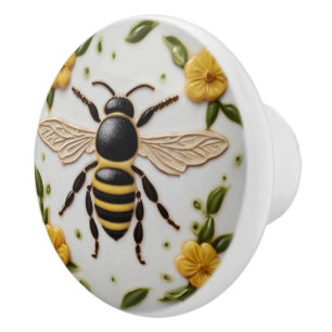 Honey bee with sweet yellow flowers floral ceramic knob