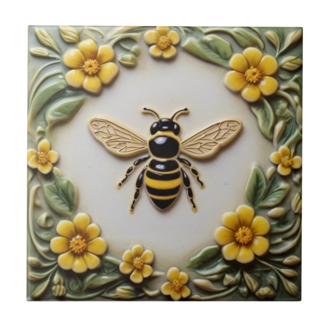 Honey bee with yellow flowers faux relief floral tile (Front)