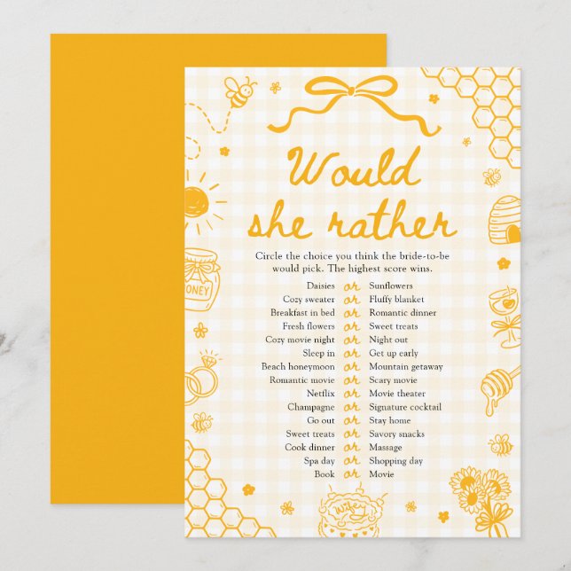 Honey Bee Would She Rather Bridal Shower Game Invitation (Front/Back)
