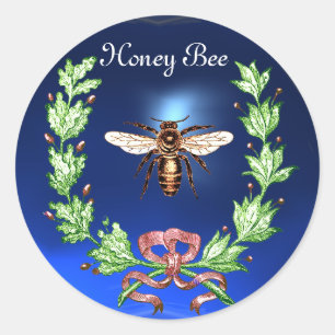 HONEY BEE ,WREATH WITH OAK LEAVES  AND RED RIBBON CLASSIC ROUND STICKER