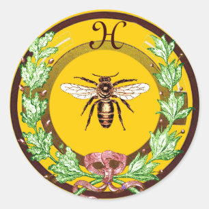 HONEY BEE ,WREATH WITH OAK LEAVES  MONOGRAM CLASSIC ROUND STICKER