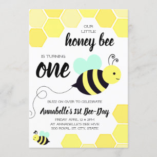 Honey Bee Yellow and Mint First Birthday Invitation