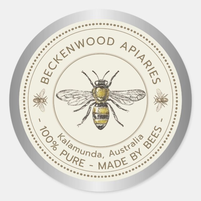 Honey Bee Yellow Beekeeper Apiary Silver Border Classic Round Sticker (Front)
