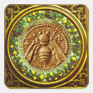 HONEY BEE / YELLOW GREEN FLORENTINE FLORAL CROWN SQUARE STICKER