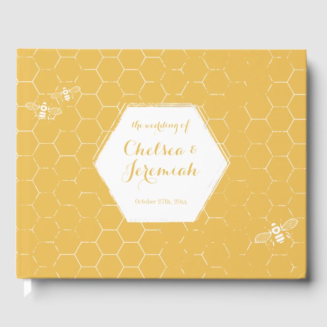 Honey Bee Yellow Pattern Custom Wedding Guest Book (Front)