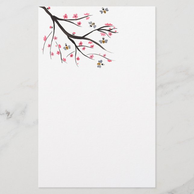 Honey Bees and Cherry Blossoms Stationary Stationery (Front)