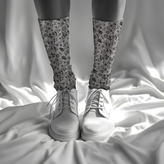 Honey Bees and Flowers Striped Floral Pattern Grey Socks (Creator Uploaded)