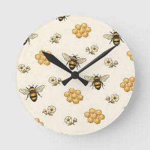 Honey Bees and Honeycomb Seamless Pattern Round Clock