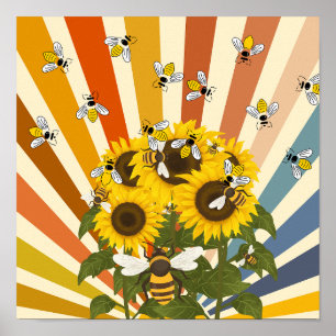 Honey Bees and Sunflowers Poster
