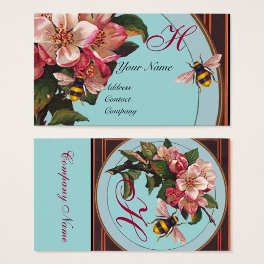 HONEY BEES AND WILD ROSES IN SKY BLUE MONOGRAM BUSINESS CARD