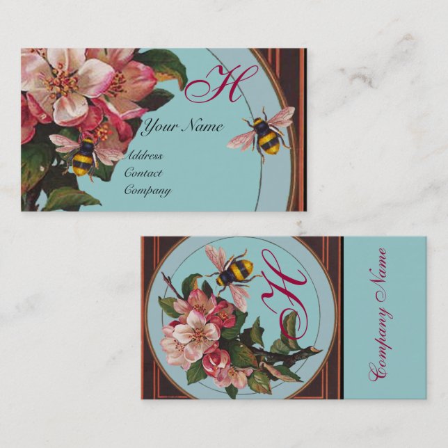 HONEY BEES AND WILD ROSES IN SKY BLUE MONOGRAM BUSINESS CARD (Front/Back)