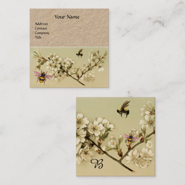 HONEY BEES AND WILD ROSES MONOGRAM Kraft Paper Square Business Card (Front/Back)