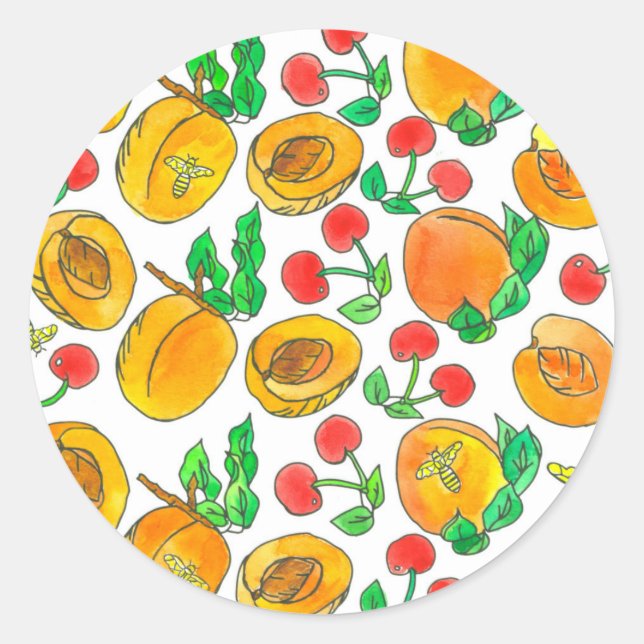 Honey Bees Apricots Cherries Watercolor Fruit Classic Round Sticker (Front)