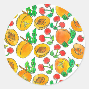 Honey Bees Apricots Cherries Watercolor Fruit Classic Round Sticker