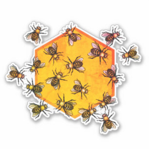Honey Bees Art Orange Black Graphic Hexagon Modern