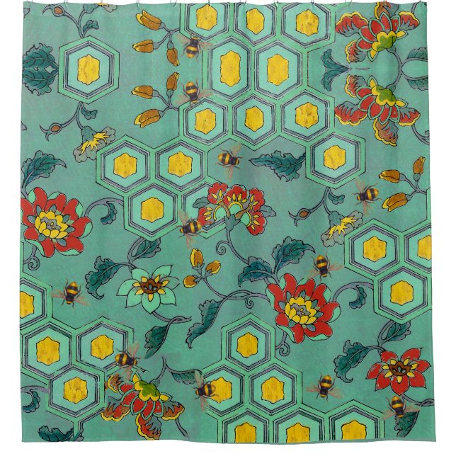 HONEY BEES,BEEHIVES,SPRING FLOWERS BEEKEEPER Green Shower Curtain (Front)
