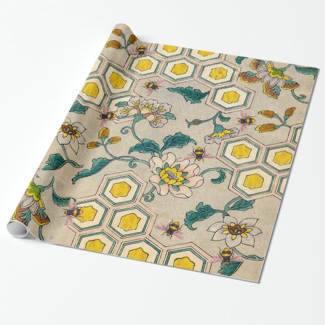HONEY BEES,BEEHIVES, SPRING FLOWERS BEEKEEPER WRAPPING PAPER (Unrolled)