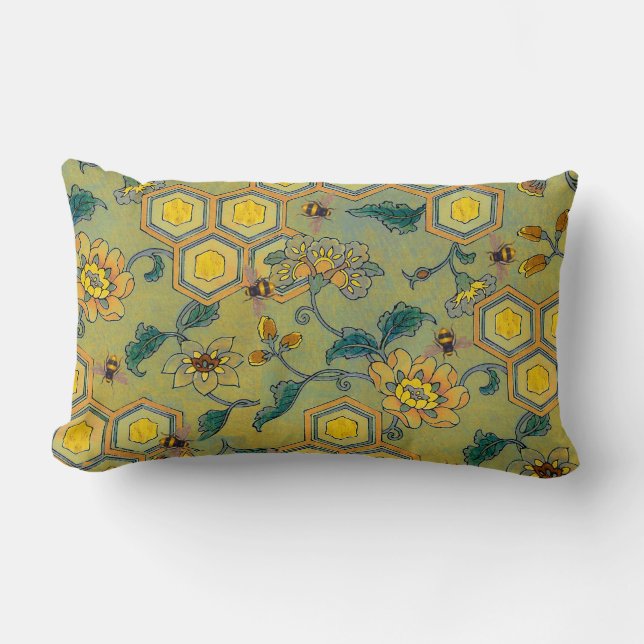 HONEY BEES,BEEHIVES,SPRING FLOWERS Yellow Green Lumbar Cushion (Front)