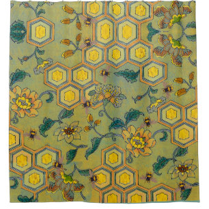 HONEY BEES,BEEHIVES,SPRING FLOWERS Yellow Green Shower Curtain
