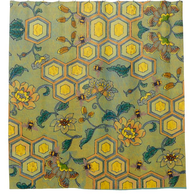 HONEY BEES,BEEHIVES,SPRING FLOWERS Yellow Green Shower Curtain (Front)
