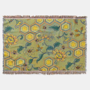 HONEY BEES,BEEHIVES,SPRING FLOWERS Yellow Green Throw Blanket