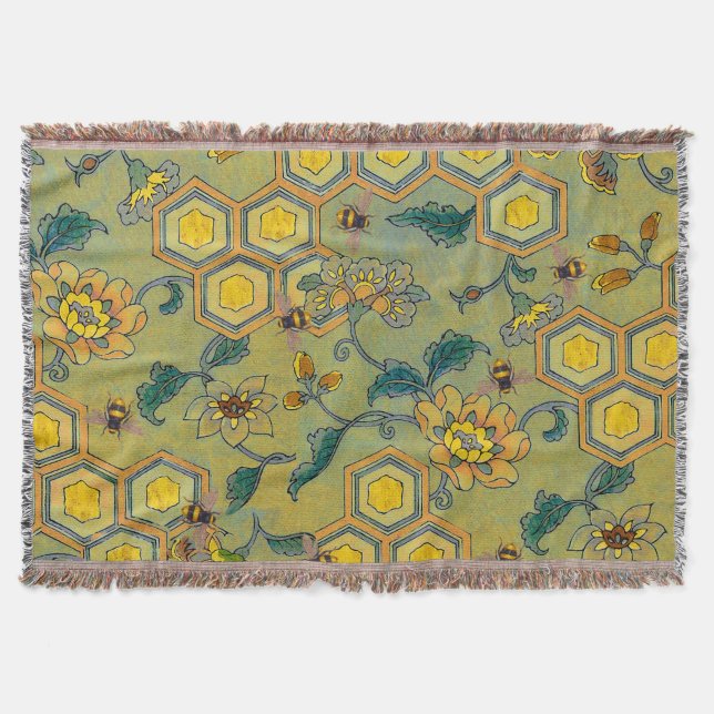 HONEY BEES,BEEHIVES,SPRING FLOWERS Yellow Green Throw Blanket (Front)