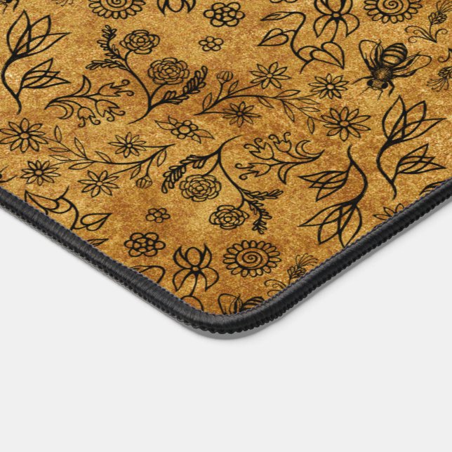 Honey Bees Boho Nature Flower Print Cute Brown Tan Desk Mat (Corner)