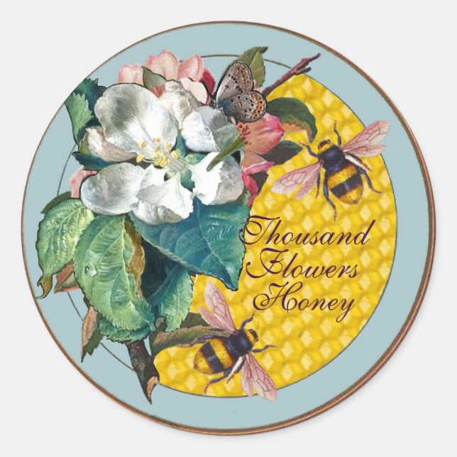 HONEY BEES,BUTTERFLY,WHITE FLOWER AND WILD ROSES CLASSIC ROUND STICKER (Front)