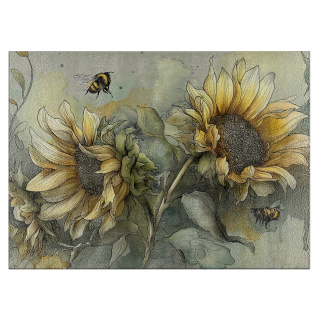 Honey Bees Buzz Amongst Sunflowers Cutting Board (Front)