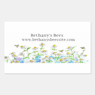 Honey Bees Chamomile Flowers Drawing Custom Name Rectangular Sticker