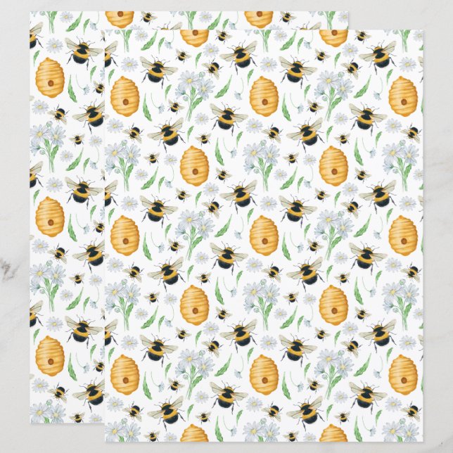 Honey Bees Floral Scrapbook Paper (Front/Back)